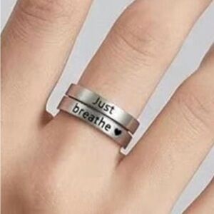 Inspirational 'Just Breathe' Silver Stainless Steel Adjustable Ring